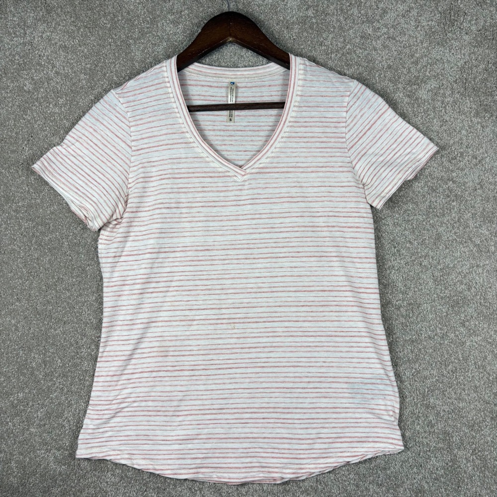 Kuhl Womens V-Neck Striped Short Sleeve T-Shirt Pink White Small